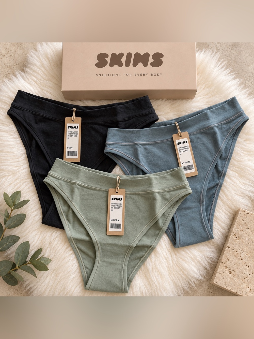 SKIMS Cotton Jersey Cheeky Tanga Panties M NWT 3 Pack Soot Kyanite Mineral